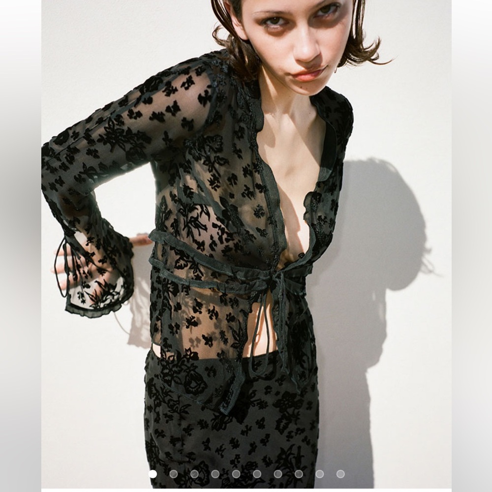 Realisation Par Black Sheer Floral Blouse and Skirt Set